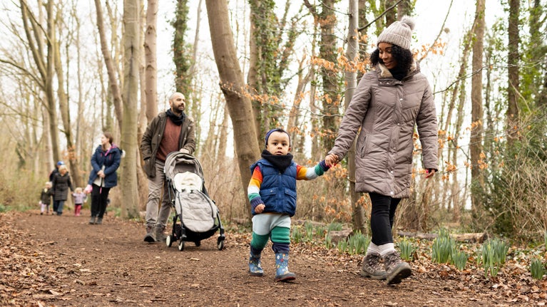 Family exploring the woodland trail in winter at Anglesey Abbey, Cambridgeshire